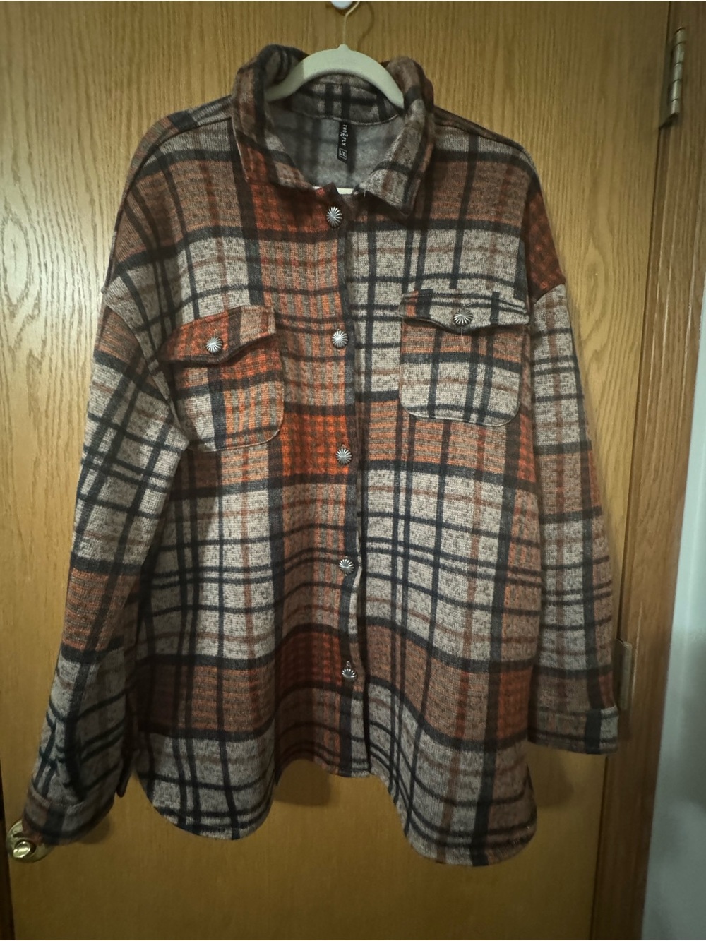 Plaid Button-Front Shacket Jacket - Brown Orange Plaid